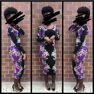 ASOS  Black Floral Long Sleeve Bodycon Midi